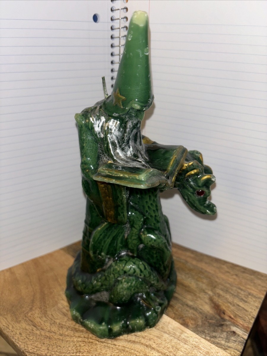 10” Vintage Candle Wizard And Dragon Green Red Stone Eyes On