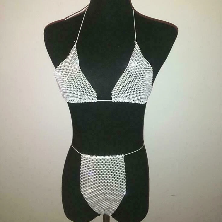 Sexy Mujeres Cuerpo Cadena Cristal Sujetador Tanga Lencería Bikini Cuerpo Ropa Interior Joyería Foto 3 de 4