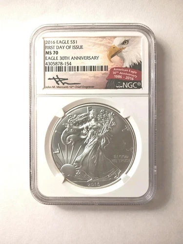 2016 Silver Eagle S$1 First Day of Issue 30th Anniversary NGC MS Mercanti