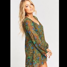 NWT Show Me Your Mumu Donnie Dress Original Peacock XS Mini Long Sleeve V-Neck