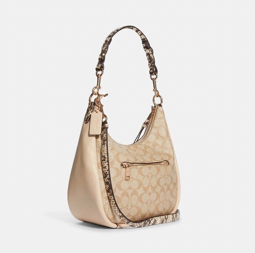 COACH Purse Hobo Pebble & Snake-Embossed Leather Light Khaki/Ivory