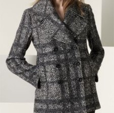 Burberry London Double Breasted Tweed Plaid Pea Coat Black Gray White Sz 14