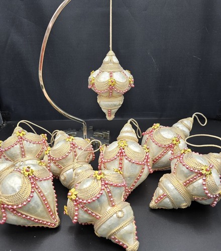 8er Set Vintage Capiz Muschel Endstück Weihnachtsschmuck Perlen verziert rosa Blume - Bild 7 von 7