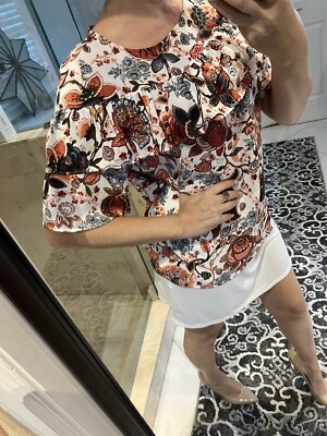 Loft Floral Flutter Sleeve Blouse Womens Size Small White Pink Blue Ruffle