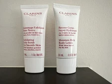 Clarins Exfoliating Body Scrub & Moisture Rich Body Lotion Travel Sz New Sealed