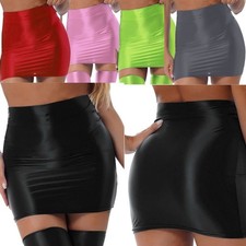 Womens Glossy High Waisted Bodycon Solid Color Short Pencil Mini Skirts Clubwear