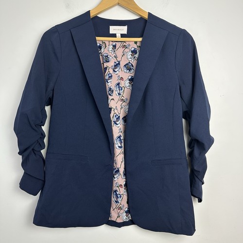 Skies Are Blue Blazer Jacke Damen Größe S blau vorne offen gerafft 3/4 Arm
