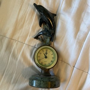 SPI Brass Frame Marble Base Coastal Dolphin Tabletop Clock Home Decor Works