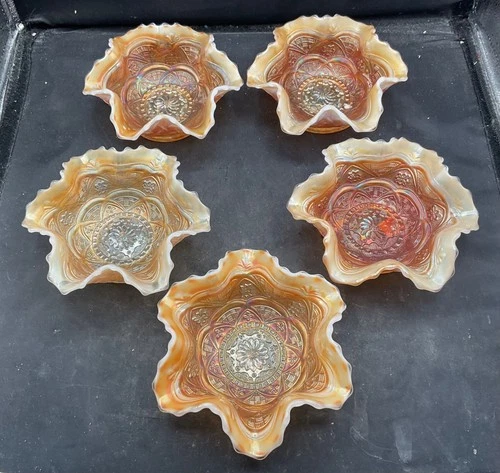 FIVE VINTAGE CARNIVAL DUGAN PO PERSIAN GARDENS SIX RUFFLED SAUCE BOWLS