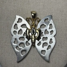 Butterfly Pendant Large Two Tone Silver Gold Tone Openwork Black Stone Costume