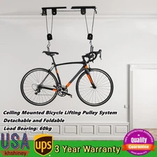 Bicycle Lift Hoist Bike Ceiling Mount Pulley Rack Garage Storage Hooks Hanger