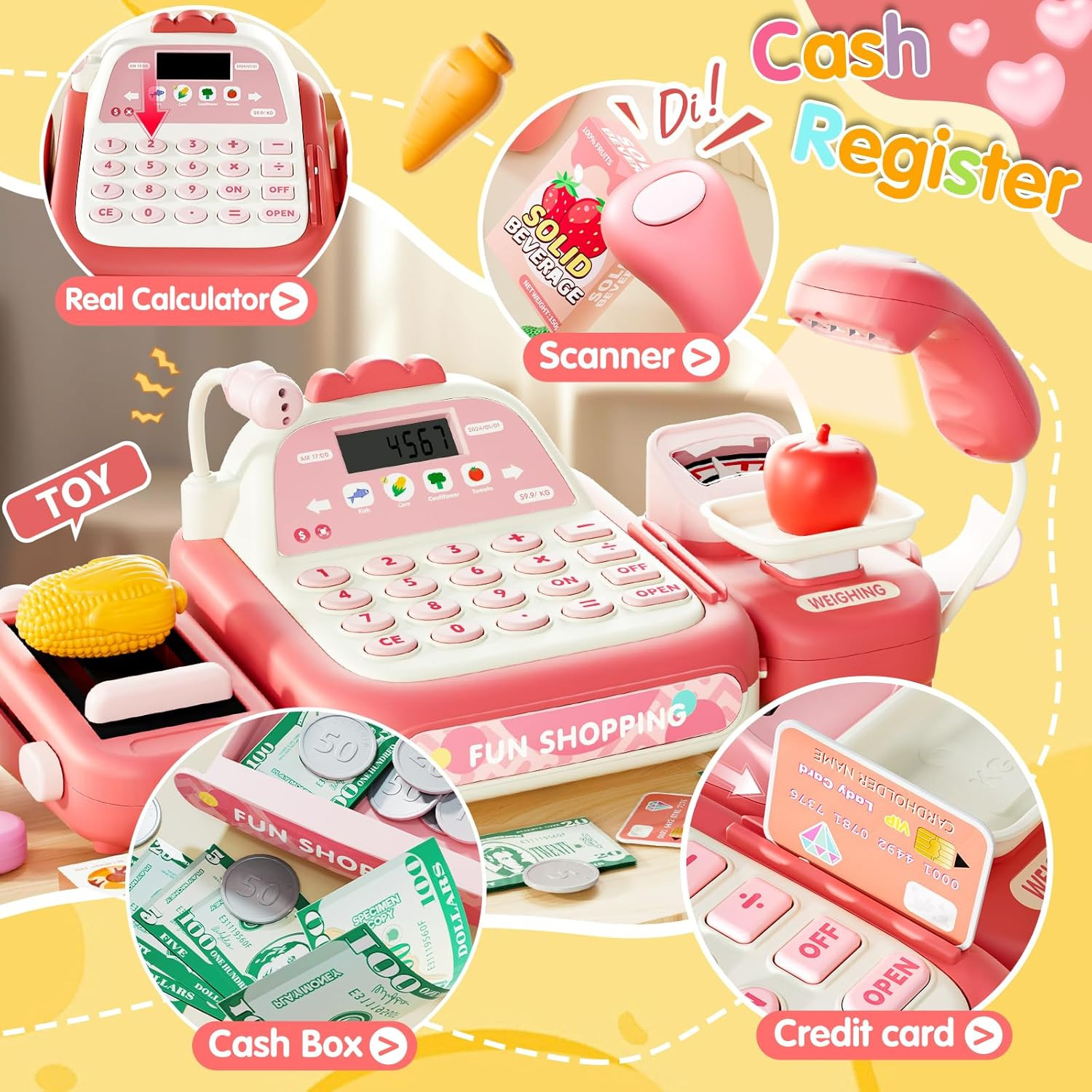 как выглядит 49PCS Kids Cash Register Toy Set with Calculator, Scanner, Microphone, Pink фото