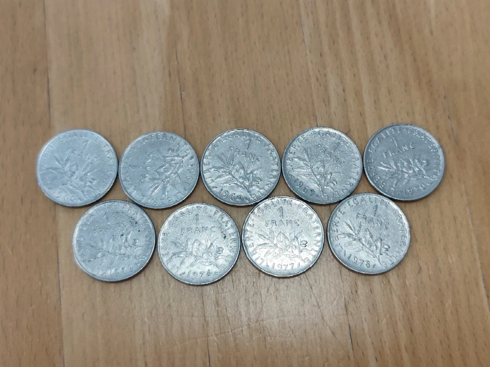 1 Franc Semeuse monnaies françaises Lot de 9 pièces (1901-1999 - Photo 1/2