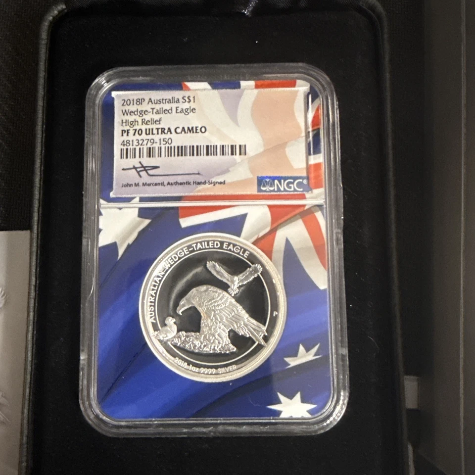 2018P Perth Mint Silver Wedge-Tailed Eagle alto relevo NGC PF70 núcleo da bandeira australiana - Imagem 2 de 4
