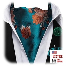 Ascot Tie Set for Men Paisley Floral Classic Cravat Silk Woven Teal Orange