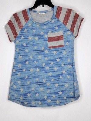 12pm Mon Ami Womens Large Multicolor Short Sleeve Scoop Neck American Flag Tee