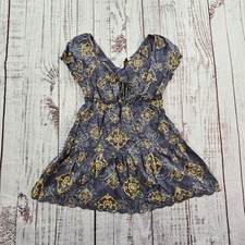 Decree Blue Yellow Allover Print Scallop Hem Boho Fit & Flare Dress Small
