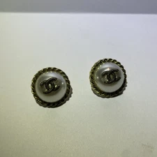 Authentic Vintage Chanel Gold Logo Earrings with Pearl Center – Post Back Studs