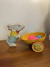 Vintage Metal Cart J. Chein Tin Litho Toy Litho Bunny Cart Easter Egg