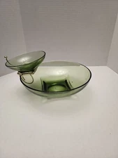 Vintage 1970's Anchor Hocking Green Folded Edge Chip and Dip Set with Bracket