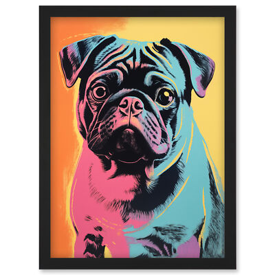Niedlicher Mops Hund rosa türkis orange gelb Haustierportrait gerahmter Wandkunstdruck A4