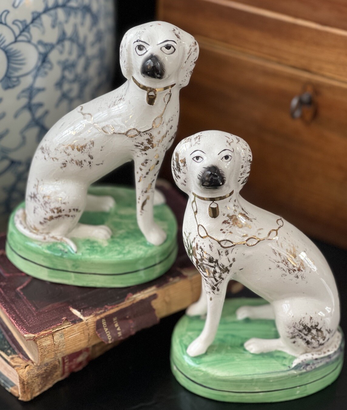 Rare Antique English Staffordshire Dalmatian Mantle Hunt Dog Pair Green Bases 5”