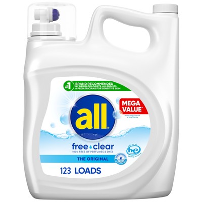 all Liquid Laundry Detergent,Free Clear for Sensitive Skin,184.5 Ounce,123 Loads