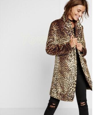 Winter Womens Trench Coat Faux Fur Leopard Print Parka Furry