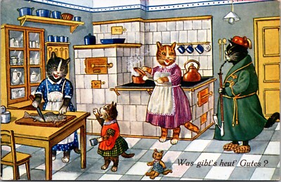 Vintage Artist Postcard Dressed Cat Family in Kitchen What s for Dinner?
