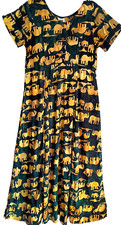 Dress, Long A-Line, Elephant Batik, Green & Gold, Size LG, Rayon, Hand Made, Wow