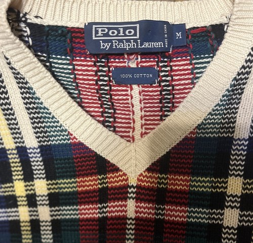 Maglione maglia scollo a V vintage Polo Ralph Lauren rosso verde a quadri tg. M Preppy Holiday - Foto 5 di 9