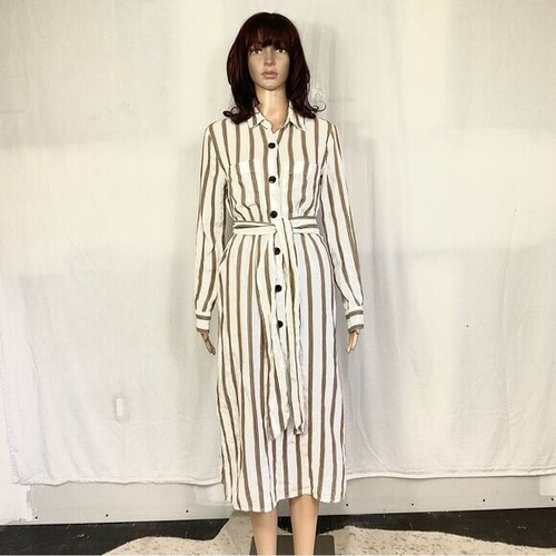 ZARA boho cream tan striped linen buttoned belted collared shirt midi dress S - Picture 2 of 11
