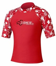 NWT 27 Xcel Boy's 4-Way Stretch Fabric S/S Rashguard Deep Red-White Floral 12