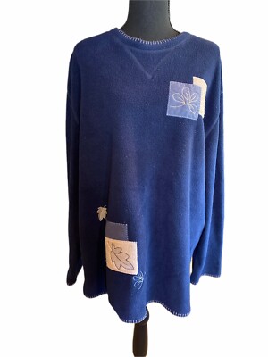 Chinawear by Morsey Women Sweater XL Dk Blue Plush Embroidered Patches Warm
