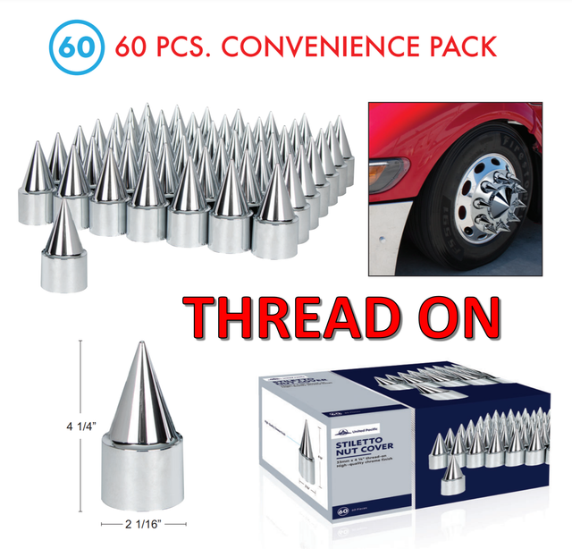 (Set/60) Chrome Spike Lug Nut Covers 33mm ThreadOn (41/4" Tall) 60