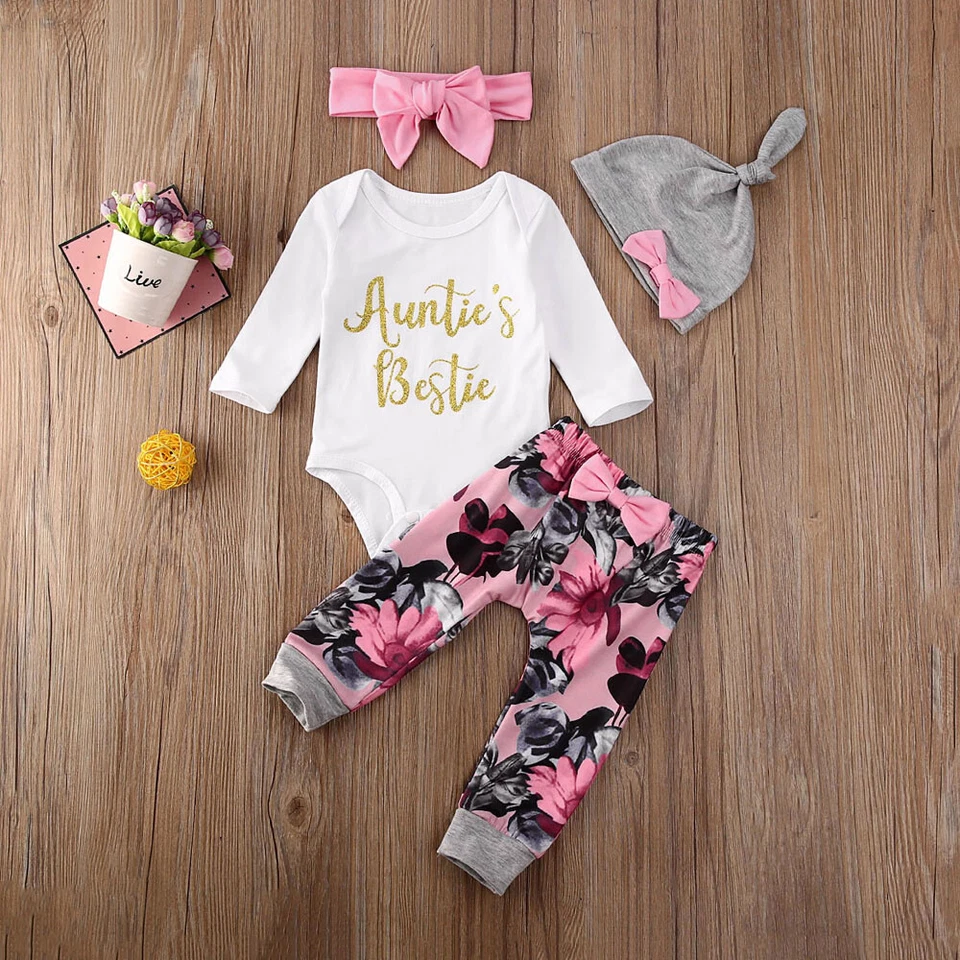Recién Nacido Bebé Niña Pantalones Florales Estampado de Letras Mameluco Diadema Prendas para el torso Ropa Conjunto Foto 2 de 4