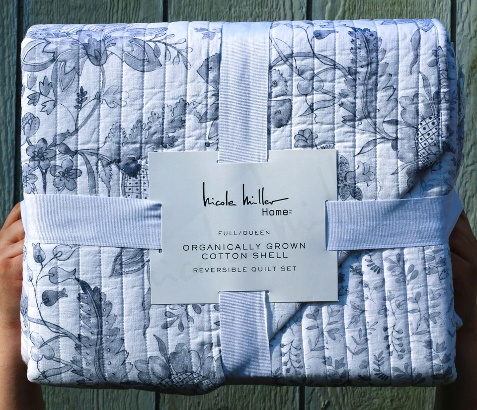 Nicole Miller Juego Completo de Edredón Queen Reversible Floral Cambray Azul Orgánico Cotto Foto 3 de 4