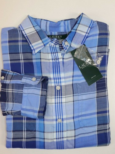 RALPH LAUREN Size LP Women's Shirt Adjust Sleeve Blue Plaid TISSUE NEW $89