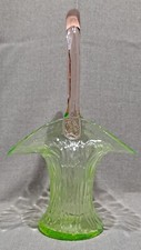 Art Glass Basket - Green Uranium With Pink Handle