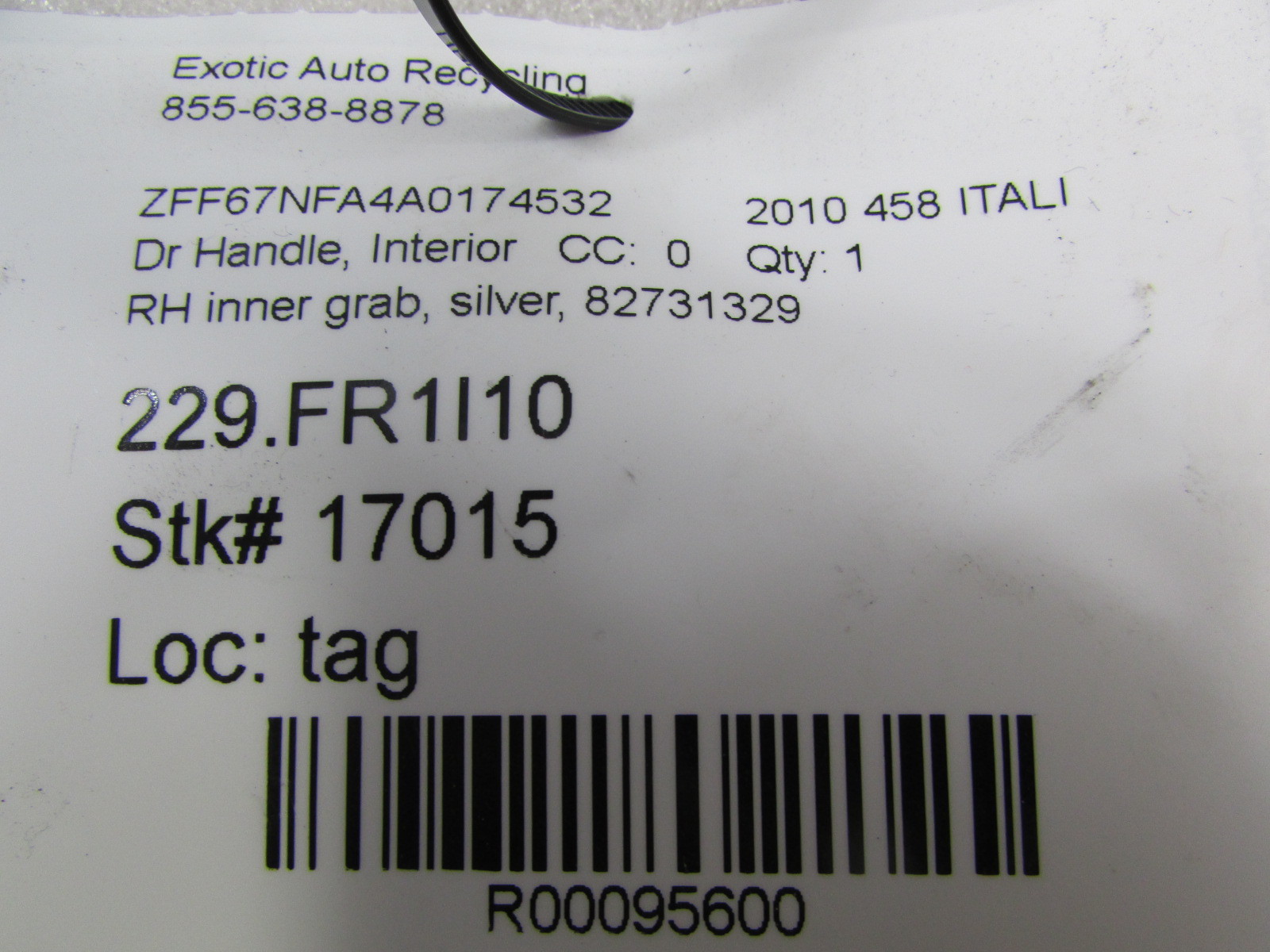 Ferrari 458, RH Inner Door Grab Handle, Black/Silver, Used, P/N 82731300