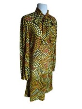 Vtg 60  s Floral Bud Dress Orange Yellow Colorful Mod Tie Neck M/L Autumn Shift