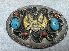 HARLEY DAVISON Eagle Silver Belt Buckle, Turquoise & Coral Squaw Wrap Dugger