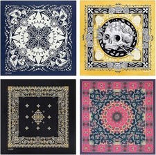 4-Pack 100 Cotton Bandana Set, Vintage Graphic Print, 22x22 inches