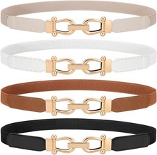 4 Pack Women Skinny Elastic Waist Belt Gold Buckle Stretchy Thin Belt for Jea...
