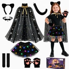 Halloween Black Cat Costume for Girls, 6 Pcs Light Up Tutu Set