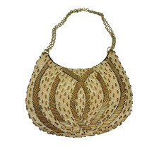 Vintage Gold Beaded Evening Bag Formal Handbag Made in Hong Kong Chain Handles