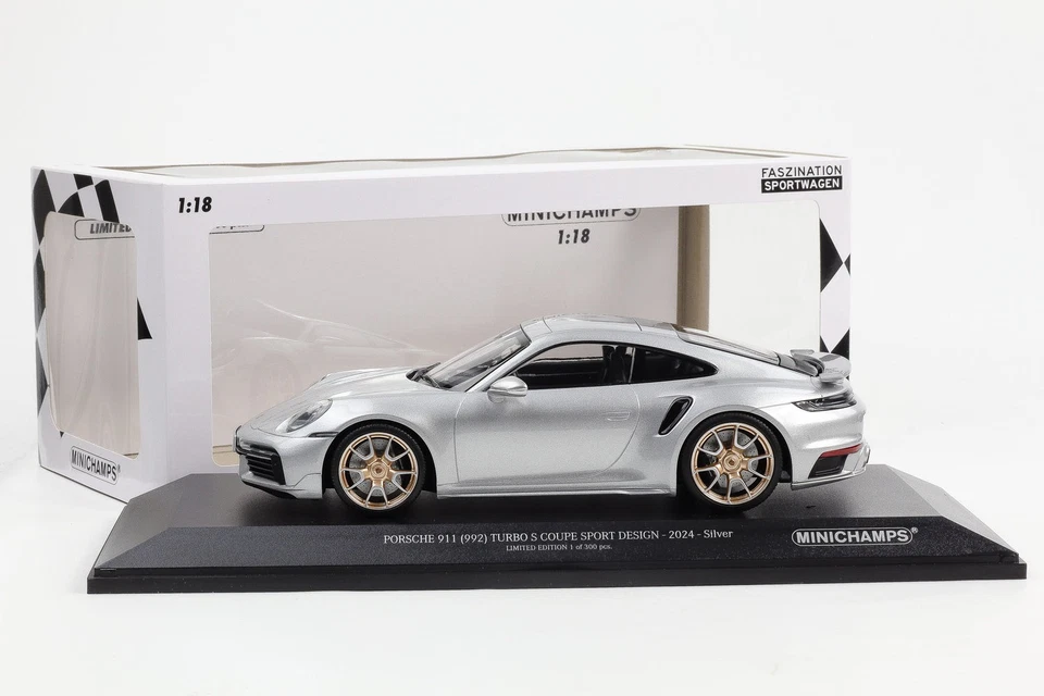 1:18 Minichamps Porsche 911 992 Turbo S Coupé Sport Design 2024 Argent 300 Pcs - Photo 4/4