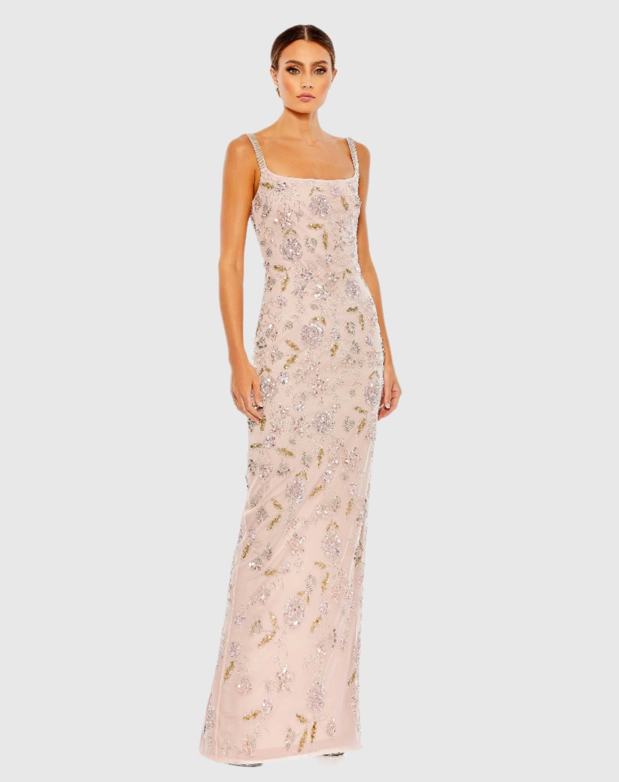 HAND BEADED FLORAL GOWN WITH BEADED SPAGHETTI STRAPS Size 8 Rose $498