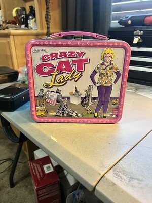 Crazy Cat Lady Lunch Box Metal Storage Archie McPhee Gag w/ Cat Keychain & Tags