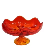 1960s Viking Glass #1434 Epic Line Persimmon (Amberina) Crimped Compote MCM Bowl